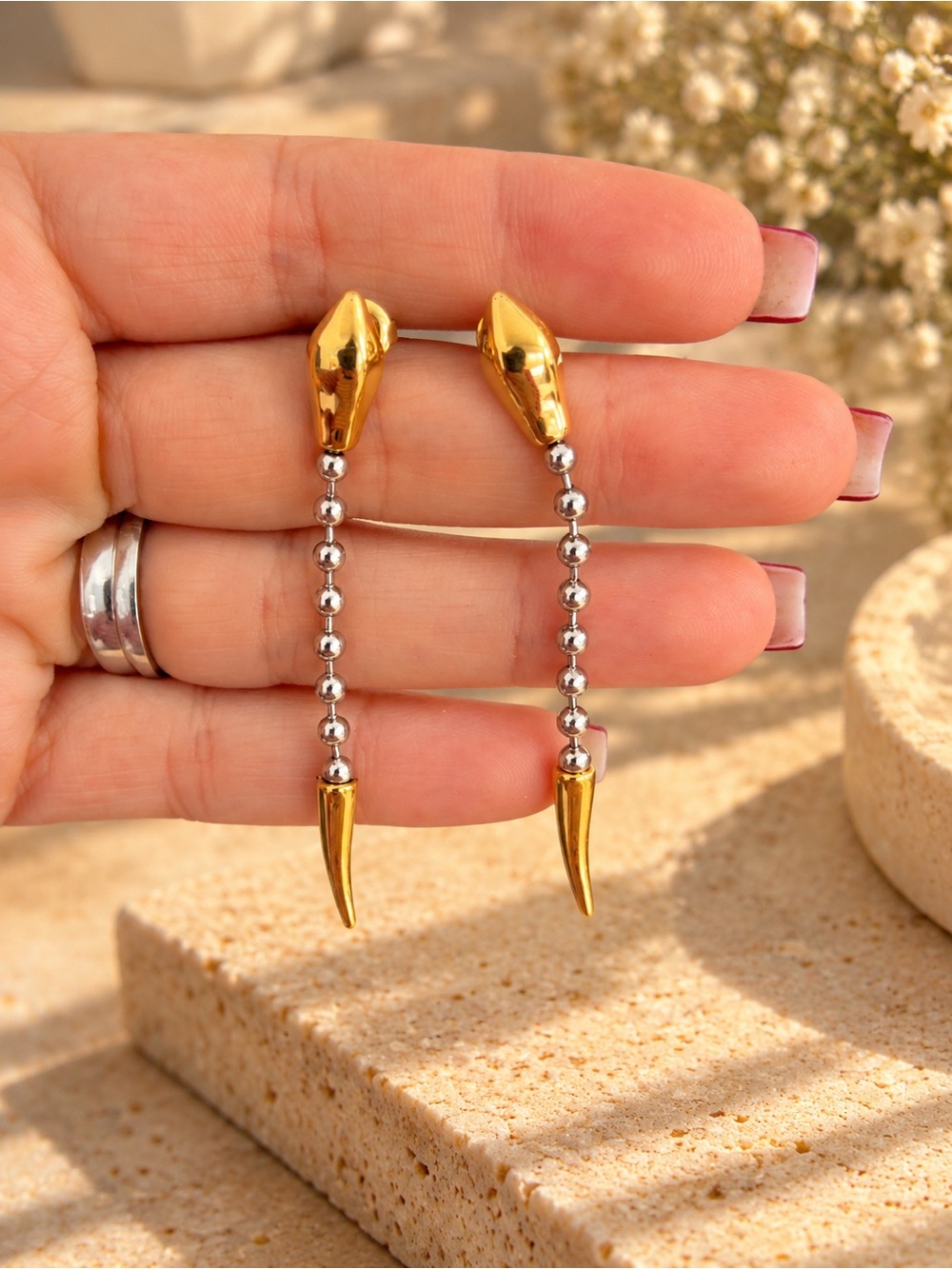 Snake Silver Beaded Lariat Earrings